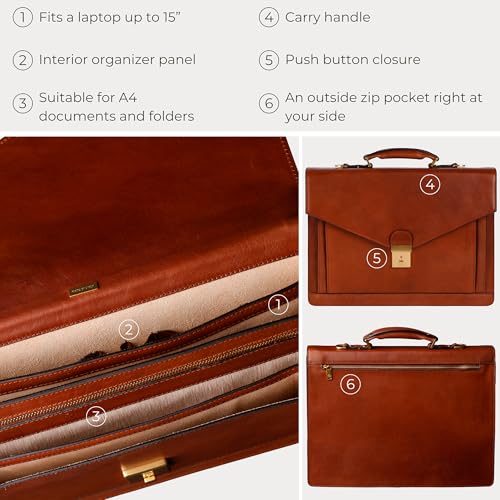 Time Resistance Leather Briefcase for Men - Business Laptop Bag - Italian Handmade Leather Bag - Attache - Gift Box Included - color: Cognac Brown