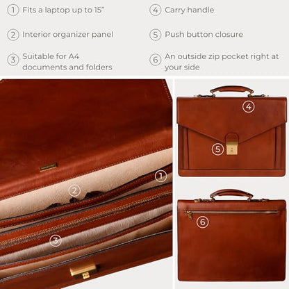 Time Resistance Leather Briefcase for Men - Business Laptop Bag - Italian Handmade Leather Bag - Attache - Gift Box Included - color: Cognac Brown