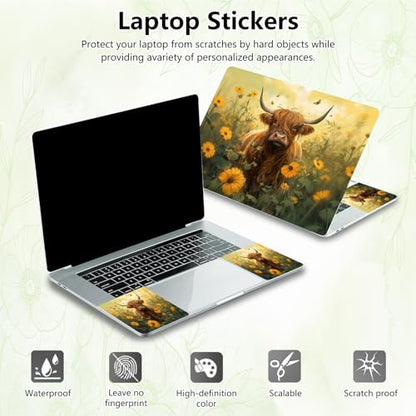 Laptop Skin Sticker Decal, Universal Reusable Vinyl Laptop Cover for 12" 13" 13.3" 14" 15" 15.4" 15.6" Notebook PC, Reusable Waterproof Scratch-Resistant with 2 Wrist Pads,Art Highland Cow Flowers - color: Art Highland Cow Flowers