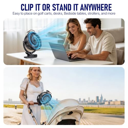 8-Inch Rechargeable Clip on Fan, 10000mAh Portable Camping Fan with LED Light, 9-Speed Ultra Quiet Airflow, 30H Runtime, 360° Rotating Desk Fan for Golf Cart, Bedroom, Office, Dorm, Black - color: Black