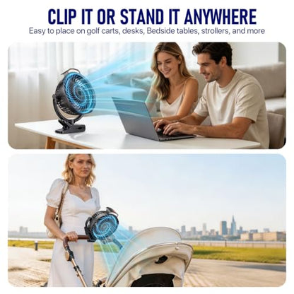 8-Inch Rechargeable Clip on Fan, 10000mAh Portable Camping Fan with LED Light, 9-Speed Ultra Quiet Airflow, 30H Runtime, 360° Rotating Desk Fan for Golf Cart, Bedroom, Office, Dorm, Black - color: Black