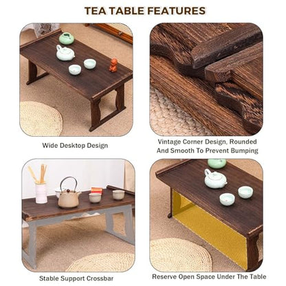 Wood Tea Table Portable Lap Desk No-Frills Foldable Study Table Laptop Table Desk for Bed Low Table Folding Coffee Table with a Futon Cushion for Tatami Home, Living Room, Office, Outdoor(Small: 23.4* - size: Small: 23.4*12.6*10.4in