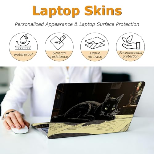 Universal Laptop Skin Sticker with 2 Wrist Pad Decals, 3-Piece Removable Vinyl Laptop Cover, Black Cat Reading Book Waterproof Anti-Scratch, Easy-Trim Fit for 13.3" 14" 15.6" Laptops - color: Black Cat Reading Book