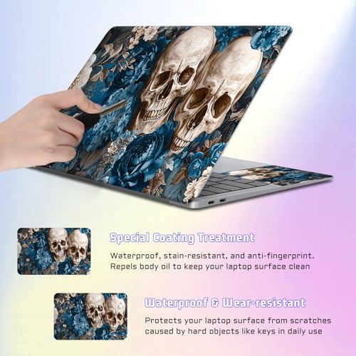 Universal Laptop Skin Sticker Decal, Compatible with MacBook HP Dell Lenovo 12"-15.6", Reusable Vinyl Notebook Cover 3PCS Set, High-Recognition Film-Skull in Blue Flowers - color: Skull in Blue Flowers