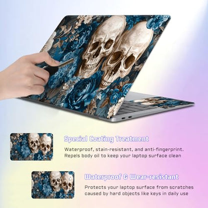 Universal Laptop Skin Sticker Decal, Compatible with MacBook HP Dell Lenovo 12"-15.6", Reusable Vinyl Notebook Cover 3PCS Set, High-Recognition Film-Skull in Blue Flowers - color: Skull in Blue Flowers