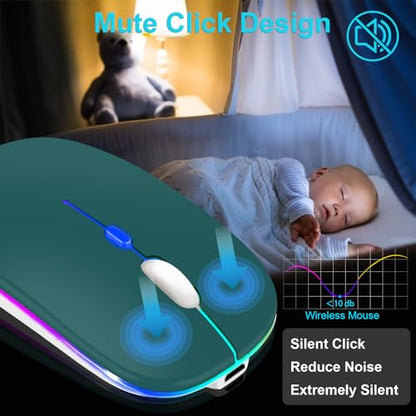 Wireless Bluetooth Mouse for iPad/MacBook Pro/Air/Laptop/pc Rechargeable Silent Mouse Portable Slim for Surface Pro/Lenovo/Samsung Tablet (LED/Jade Green) - color: LED / Jade Green