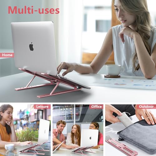 Laptop Stand for Desk, Aluminum Metal MacBook Stand，Computer Riser for Desk, Portable Foldable Adjustable Notebook Holder, Compatible with 10-15.6 Inch Laptops, iPad, Rose Gold. - color: Rose Gold