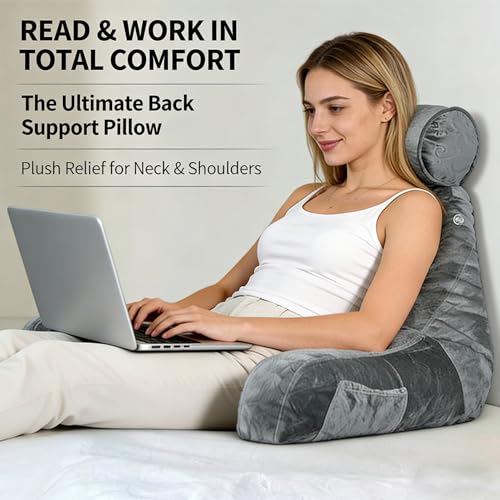 Reading Pillow for Adults Sitting‑Up in Bed, Backrest with Arms | Detachable Neck‑Cushion; Shredded Memory‑Foam; Side Pockets; Washable Velvet Cover; Gaming & TV, Sofa Use - color: Dark Grey