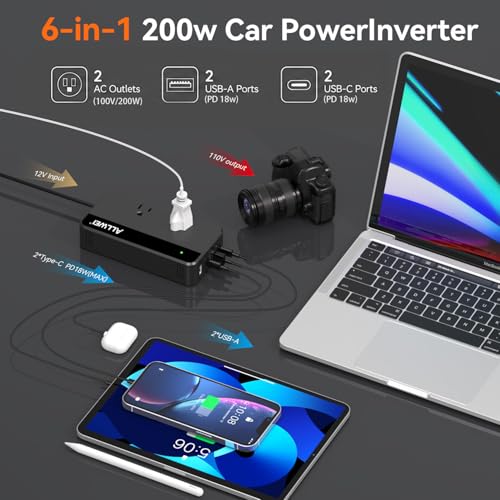ALLWEI 200W Car Power Inverter 12V DC to 110V AC with USB C | Car Inverter with 4 USB Fast Charging Ports (2 USB-A & 2 USB-C), Powers Phones, Laptops and Small Devices for Road Trips