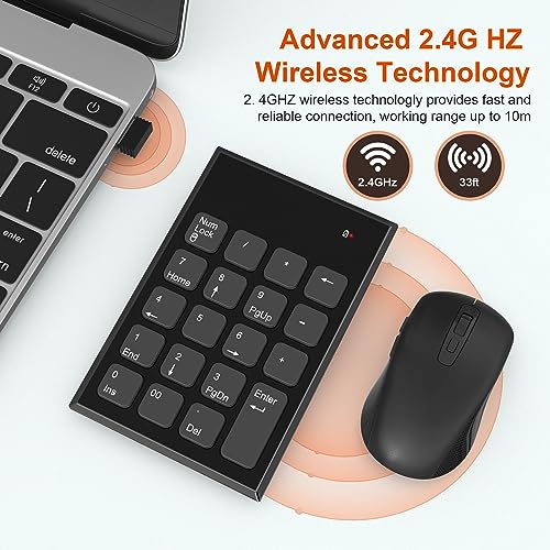 Rytaki Pro Wireless Number Pad and Mouse, 19 Keys Portable Ultra Slim 2.4GHz 10 Key USB Keypad and 3 Adjustable DPI Silent Mouse Set for Laptop, Notebook, Desktop, PC Computer - Use One USB Receiver