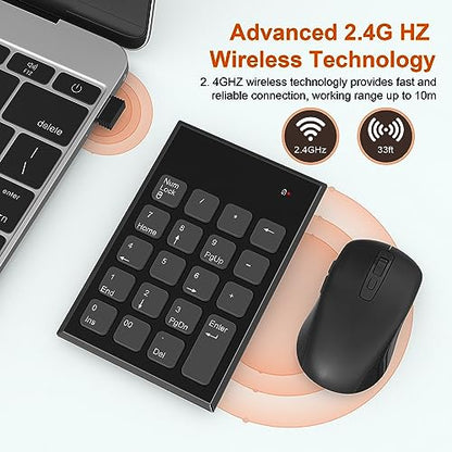 Rytaki Pro Wireless Number Pad and Mouse, 19 Keys Portable Ultra Slim 2.4GHz 10 Key USB Keypad and 3 Adjustable DPI Silent Mouse Set for Laptop, Notebook, Desktop, PC Computer - Use One USB Receiver