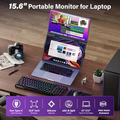 15.6" Laptop Screen Extender, FHD IPS Vertical Portable Dual Monitor, 0.16" Ultra-Slim One-Cable Plug & Play Travel Monitor Above Laptop Screen for 13-17" Laptops Compatible with Win/Mac/Android - size: Dual 15.6" Monitor
