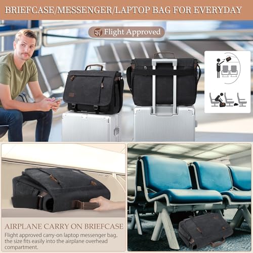 17.3 Inch Messenger Bag for Men: 2PCS Laptop Bag PU Leather Canvas Work Briefcase Large Office - color: Black