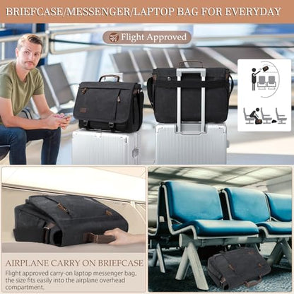 17.3 Inch Messenger Bag for Men: 2PCS Laptop Bag PU Leather Canvas Work Briefcase Large Office - color: Black