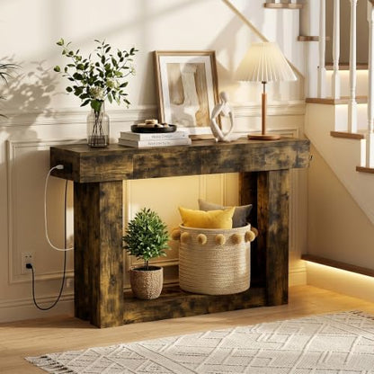 47'' Console Table with 3 Drawers and Open Storage, Entryway Table with Socket, LED Light and Hooks, Narrow Long Wood Sofa Table Behind Couch Table for Living Room, Hallway, Foyer, Brown - size: 47'' IN