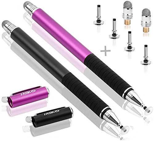 MEKO(2 Pcs) [2 in 1 Precision Series] Disc Stylus/Styli for All Touch Screen Devices Bundle with 4 Replaceable Disc Tips, 2 Replaceable Fiber Tips - (Black/Purple)
