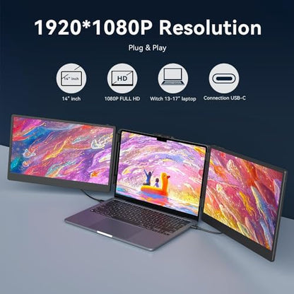 APILDELLA 14’’ Triple Laptop Screen Extender, 1080P FHD Portable Dual Monitor for Laptop USB C HDMI, Plug-Play Monitor Extender for Triple Display for Mac/Windows, Fit 13”-17.3” Laptops - style: Triple