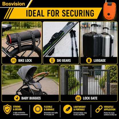 Bosvision Ultra-Secure 4-Digit Combination Lock with 90cm Retractable Cable for Bike, Ski, Snowboard and Stroller - color: Black/Green