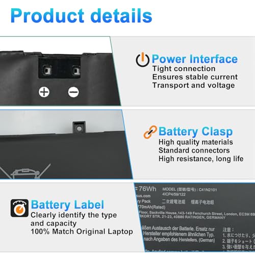 76Wh C41N2101 Latop Battery Replacement for ASUS ROG Zephyrus G14 GA402 GA402R GA402RJ GA402NI GA402NJ GA402NV Zenbook Pro 14 UM6702RA UX8402ZA 15X K6501ZM M6501RR TUF Dash F15 FX517 - size: 13.97*3.30*0.29inch C41N2101