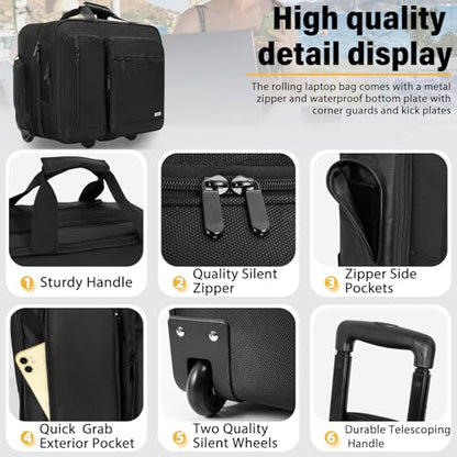 Rolling Laptop Bag, Wheeled Briefcase 17.3 inch Rolling Briefcase, Overnight Roller Bag, Repellent Travel Roller Underseat Bag