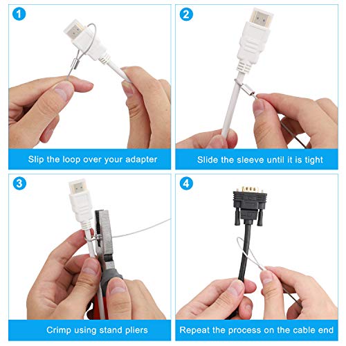 5 Pack Adjustable Cable Tether Universal Computer Adapter Lock Kit DIY Kit Stainless Steel wiht Nylon Coat Tether Computers/Dongles/HDMI/VGA/DP/Mac Adapter - size: 5