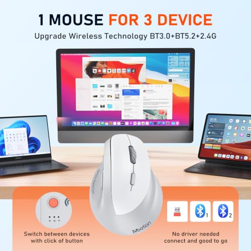 MEETION Ergonomic Wireless Vertical Mouse, Rechargeable, Gray | Bluetooth 5.2 + 3.0 and USB connectivity, RGB backlight, 4 DPI adjustment, compatible with Windows, Mac, Android, PC and iPad - color: Right Gray