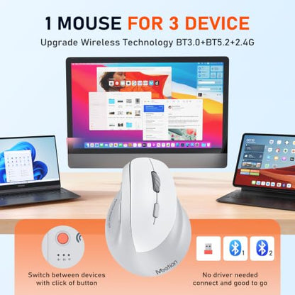 MEETION Ergonomic Wireless Vertical Mouse, Rechargeable, Gray | Bluetooth 5.2 + 3.0 and USB connectivity, RGB backlight, 4 DPI adjustment, compatible with Windows, Mac, Android, PC and iPad - color: Right Gray