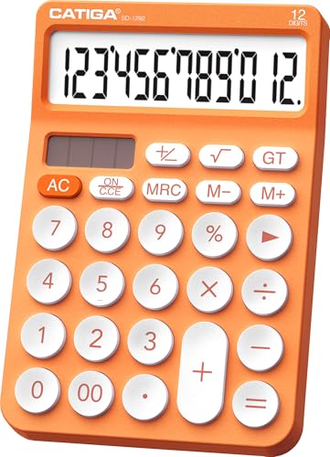 CATIGA 12 Digit Desktop Calculator Basic Desk Calculator with Large LCD Display, Big Buttons, 4 Function, Solar and Battery Dual Power, for Office, School, Home, SD-1292 Orange - color: 8) Orange