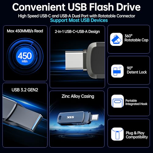 SSK 128GB Flash Drive up to 450MB/s Thumb Drive USB C+A 3.2 Memory Stick | Support OTG,Dual Connection,1GB in 2.3s,2 in 1 Pendrive for iPhone 15/16/17/Android/Laptop,Zinc Alloy Keyhole - size: 128GB
