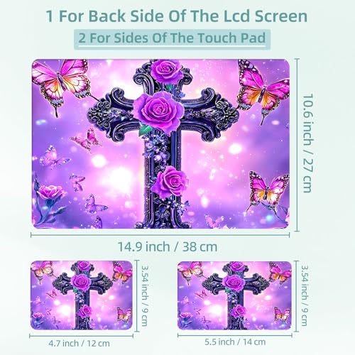Universal Laptop Skin Decal, 3-Piece Vinyl Protector for 12 13 14 15.6" Notebook, Waterproof Anti-Scratch, Easy Trim & Bubble-Free Finish, Cross with Purple Rose - color: Cross with Purple Rose