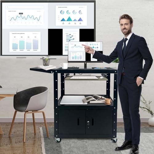AV Cart with Locking Cabinet and Keyboard Tray, Height Adjustable Rolling Computer Cart with Wheels and Power Strip for Mobile Equipment Workstation Utility Cart(42" x 54" x 20") - size: 42" x 54" x 20"