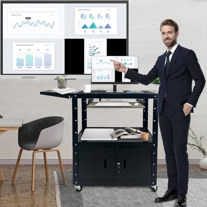 AV Cart with Locking Cabinet and Keyboard Tray, Height Adjustable Rolling Computer Cart with Wheels and Power Strip for Mobile Equipment Workstation Utility Cart(42" x 54" x 20") - size: 42" x 54" x 20"