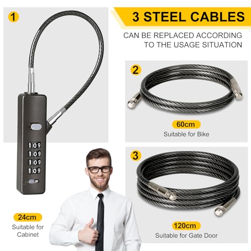 DELSWIN Cable Locks with Combination, 4-Digit Combination Lock with 3 Steel Ropes (9'' /23.6'' /47.2''), Security Cable Lock for Luggage, Helmet, Gym Locker, Cabinet, Gate (Gun-Grey) - color: Gun-grey