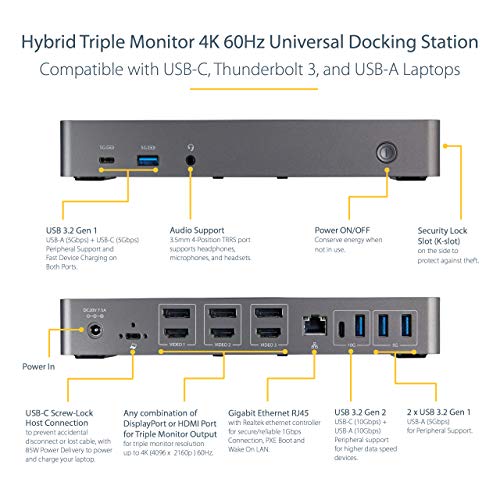 StarTech USB-C/A Triple 4K 60Hz HDMI DP Dock for MacBook Pro/Air M1-M4, 85W | MacBook Air, Windows, macOS and ChromeOS, 4x USB-A, 2x USB-C 10Gbps, BC 1.2 fast-charge, K-Slot, VESA mountable - style: 3 x DP & HDMI|85W PD