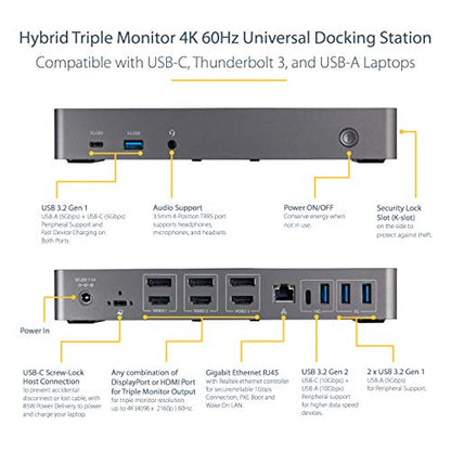 StarTech USB-C/A Triple 4K 60Hz HDMI DP Dock for MacBook Pro/Air M1-M4, 85W | MacBook Air, Windows, macOS and ChromeOS, 4x USB-A, 2x USB-C 10Gbps, BC 1.2 fast-charge, K-Slot, VESA mountable - style: 3 x DP & HDMI|85W PD