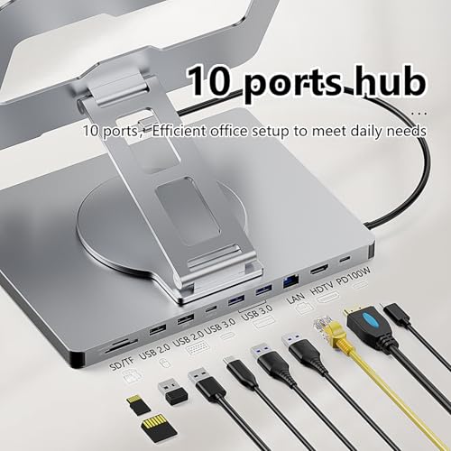 10 in 1 Laptop Docking Station Stand for MacBook Pro/Air/Surface/Dell/HP/Lenovo, Mac Type-C Hub with 4K HDMI, USB 3.0, SD/TF Card, RJ45, PD 3.0, USB C Laptop Stand Hub with 360 Rotating Base (ST109A)