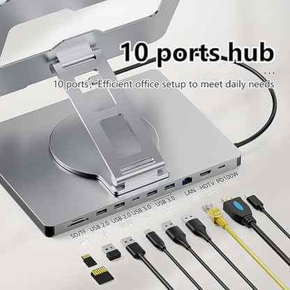 10 in 1 Laptop Docking Station Stand for MacBook Pro/Air/Surface/Dell/HP/Lenovo, Mac Type-C Hub with 4K HDMI, USB 3.0, SD/TF Card, RJ45, PD 3.0, USB C Laptop Stand Hub with 360 Rotating Base (ST109A)