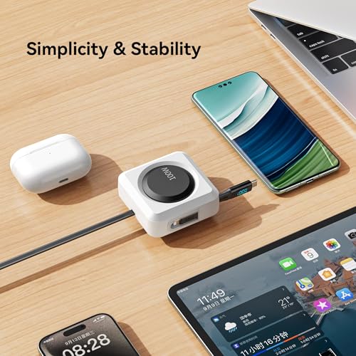 PZOZ 100W Retractable Charging Cable with LED Display, 6-in-1 USB C Fast Charger for iPhone 16/15, Samsung, iPad, MacBook, Tangle-Free Desk Organizer Cable