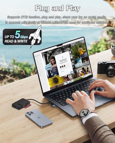 USB C USB 3.0 Dual Interface Multi Card Reader, OTG Adapter, with 4 Card Slots, USB C/A Ports, 5Gbps, 2TB Capacity, Suitable for SD MS CF TF Cards, Compatible with iPhone/iPad/MacBook/Samsung