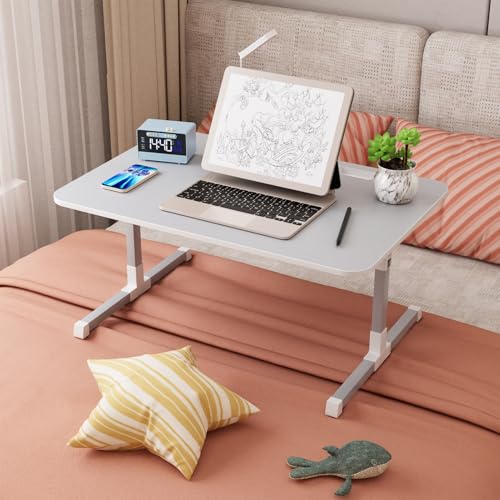 Laptop Bed Tray Table, Adjustable Laptop Bed Stand Lap Desk with LED Light Portable Standing Table with Foldable Legs for Kids Adult USB Charging Folding Lap Tablet Table for Sofa Couch Grey