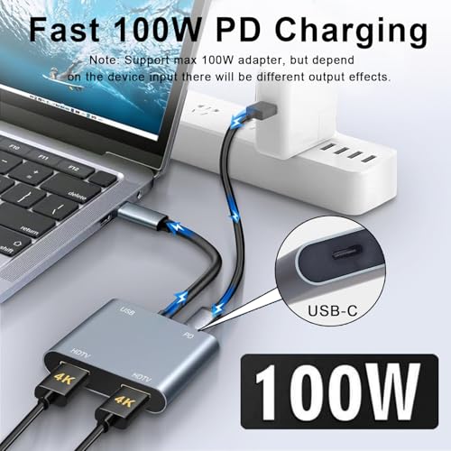 USB C to Dual HDMI Adapter, 4K@60Hz HDMI Splitter for Dual Monitors with USB 3.0, 100W PD Charging, HDMI Splitter Extended Display for MacBook Air/Pro, Dell XPS, HP, Surface, Chromebook - size: 4 IN 1 USB C Hub