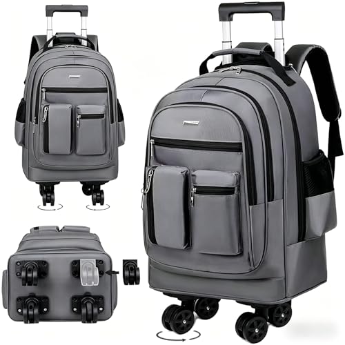 Professional Rolling Laptop Backpack, Grey, Multi-Compartment Design with Wheels, Large Capacity Travel Business Bag (Grey)