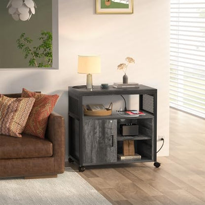 Unikito Rolling File Cabinet Lateral Office Filing Cabinets with Socket and USB Charging Port, Modern Printer Stand on Wheels Printer Cabinet with Door and Open Storage, Lockable, Black Oak - color: Black Oak