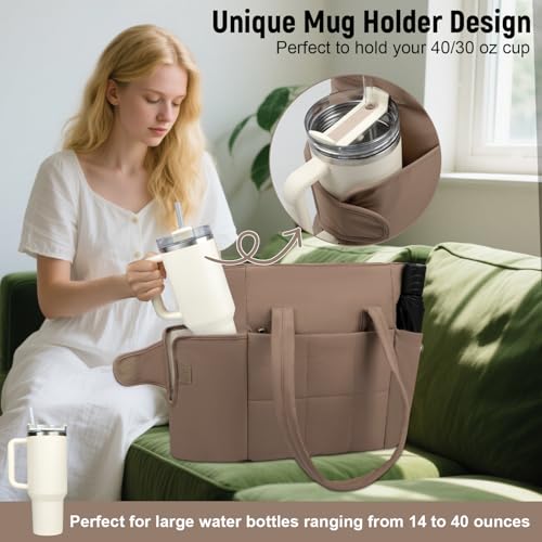 Puffer Tote Bag with Large Cup Holder& 15.6 Inch Laptop Compartment, Lightweight Puffy Work Bag with Water Bottle Pocket, Large Laptop Tote with Clutch Purse for Women Teacher Nurse (Brown) - color: Brown