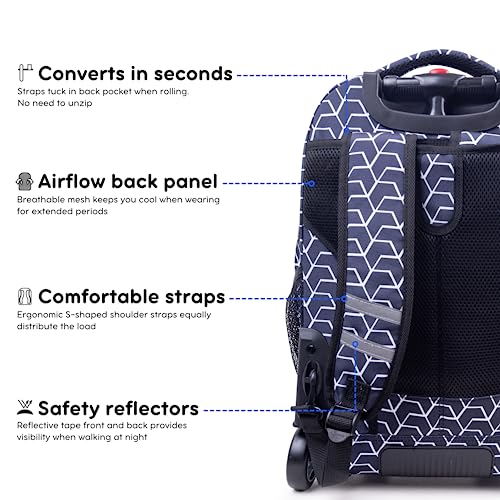 J World Sundance Laptop Rolling Backpack for Girls Boys. Roller Bookbag with Wheels, 20 Inch, Line - color: Black,white