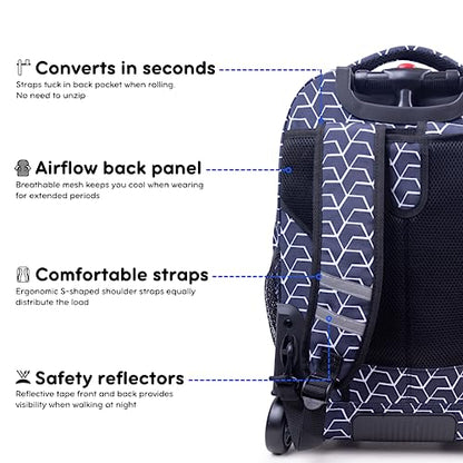 J World Sundance Laptop Rolling Backpack for Girls Boys. Roller Bookbag with Wheels, 20 Inch, Line - color: Black,white