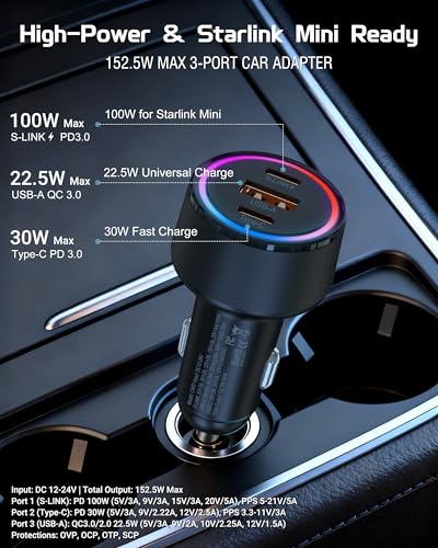 Starlink Mini Car Adapter with DC Power Cable, 12V-24V Car Charger Accessories for Starlink Mini, PD 30W + USB-A 22.5W + PD 100W Car Power Supply for Trucks, RVs, Boats - 10FT Braided Cable - size: 10FT
