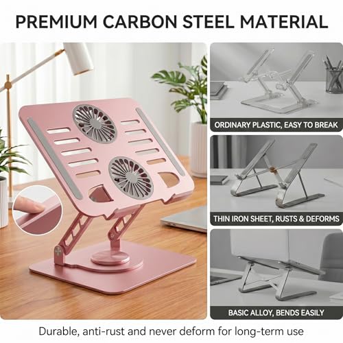 Laptop Stand with Cooling Fan, 360° Rotating Base Aluminum Laptop Riser, Foldable Ergonomic Computer Stand for Desk, Height Adjustable Notebook & All Laptops Up to 17.3" (Pink) - color: Pink