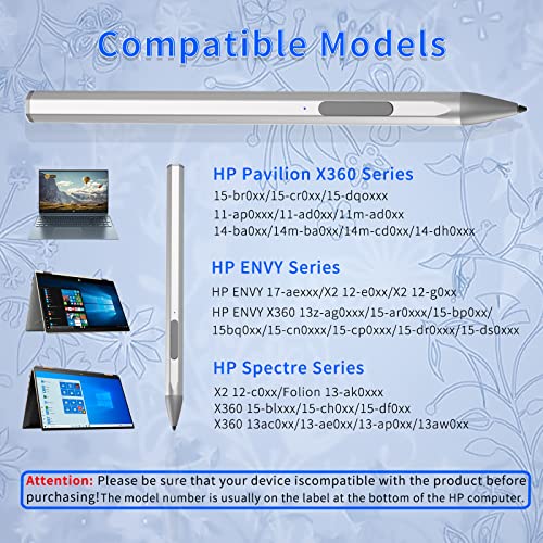 Stylus Pen for HP Envy X360 Pavilion X360 Specter X360 Spectre X2 Envy X2 Rechargeable MPP 2.0 Tilt Active Pen with 4096 Pressure Sensitivity, Palm Rejection, Magnetic Attachment Function, Silver