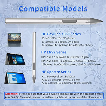 Stylus Pen for HP Envy X360 Pavilion X360 Specter X360 Spectre X2 Envy X2 Rechargeable MPP 2.0 Tilt Active Pen with 4096 Pressure Sensitivity, Palm Rejection, Magnetic Attachment Function, Silver